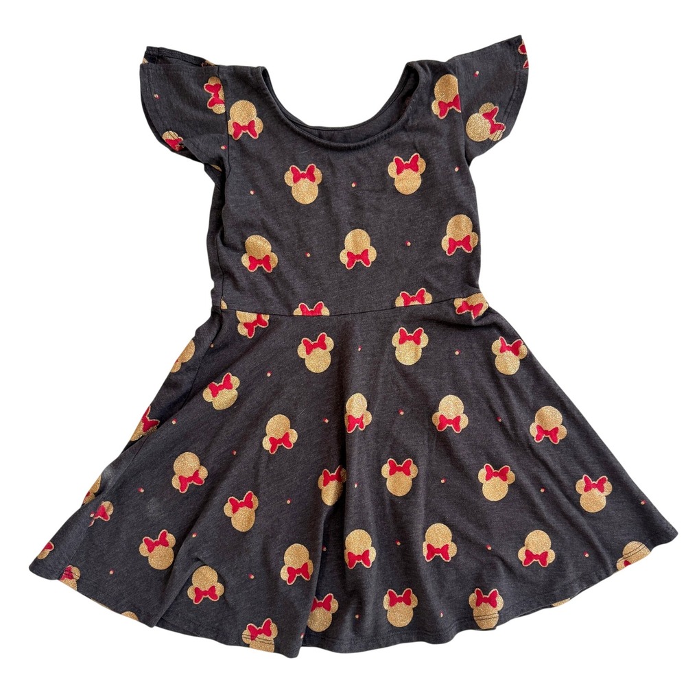 Disney Minnie Mouse Gold Glitter Red Bow Flutter Sleeve Dress Kids Gray 5T